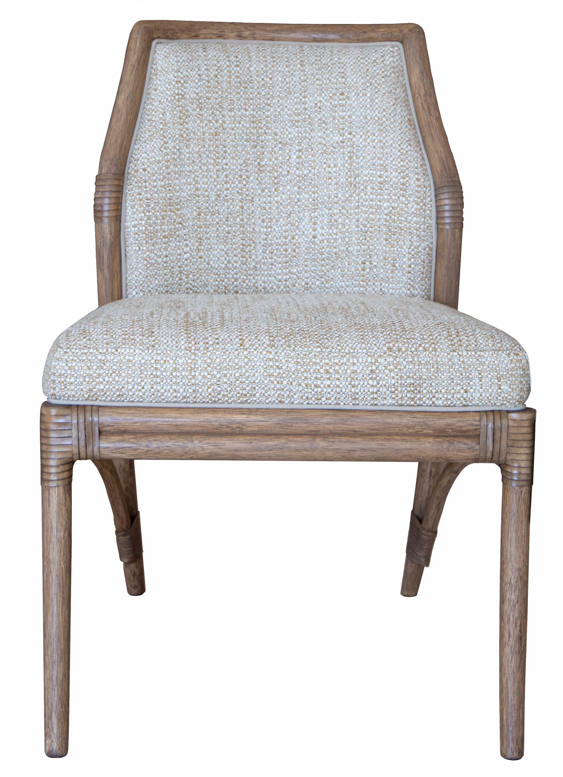 A McGuire Lantana Side Chair, Mushroom with a beige upholstered seat and backrest, featuring simple, clean lines and a minimalist design, measures 23"D x 21.25"W.