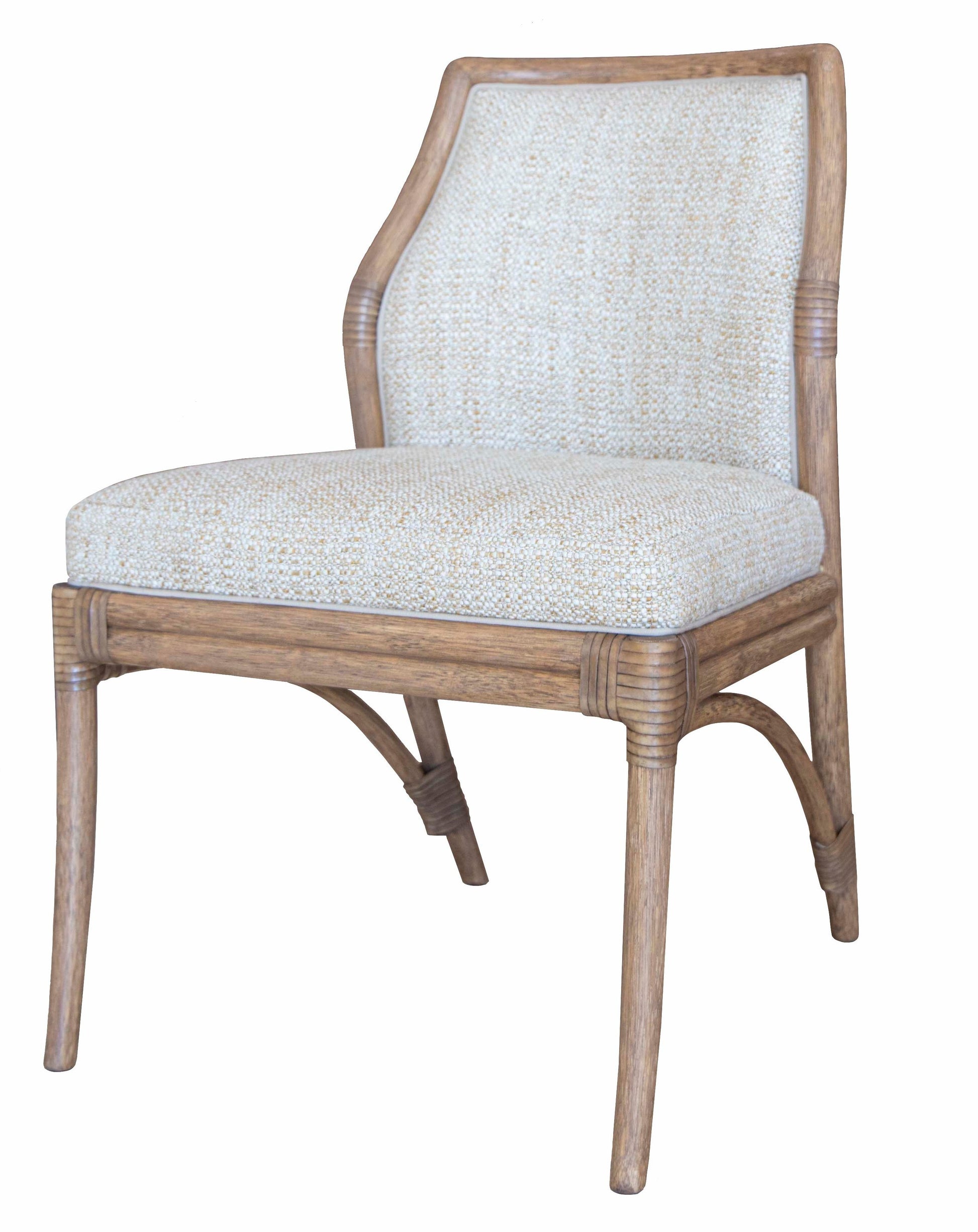A Lantana Side Chair, Mushroom by McGuire with a cushioned seat and backrest upholstered in a light, textured fabric features furniture dimensions of 23"D and 21.25"W for a perfect fit in any space.