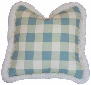 The Hive Custom Pillows Small Check Blue Pillow is a 22" x 22" down-filled square accent with a blue and white checkered pattern and fluffy white border, shown from the front on a white background.
