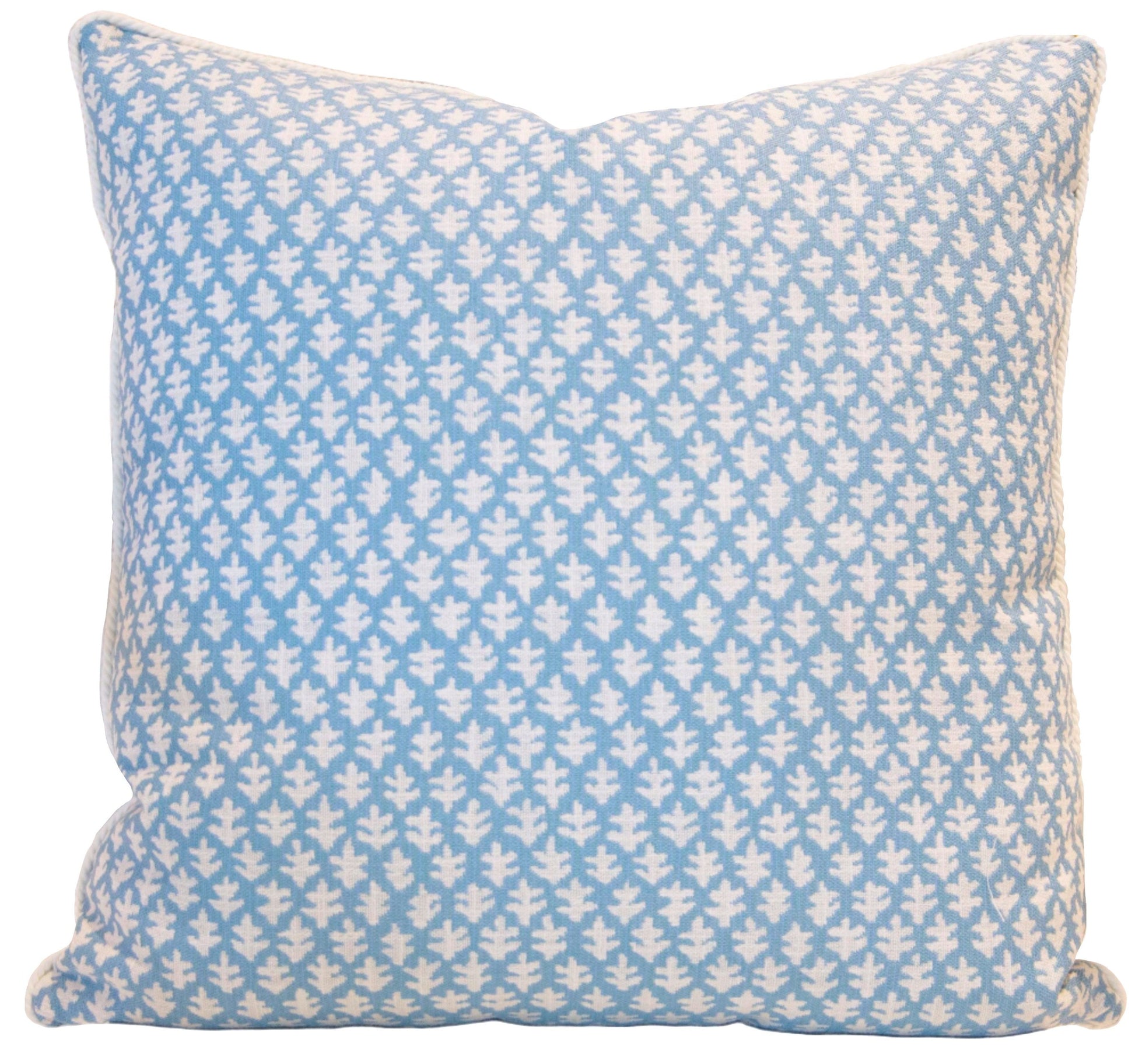 Add style and comfort to your patio with the Hive Custom Pillows Burma Sea Glass Outdoor Pillow, 22" x 22", featuring a blue background and a repeating white leaf pattern.