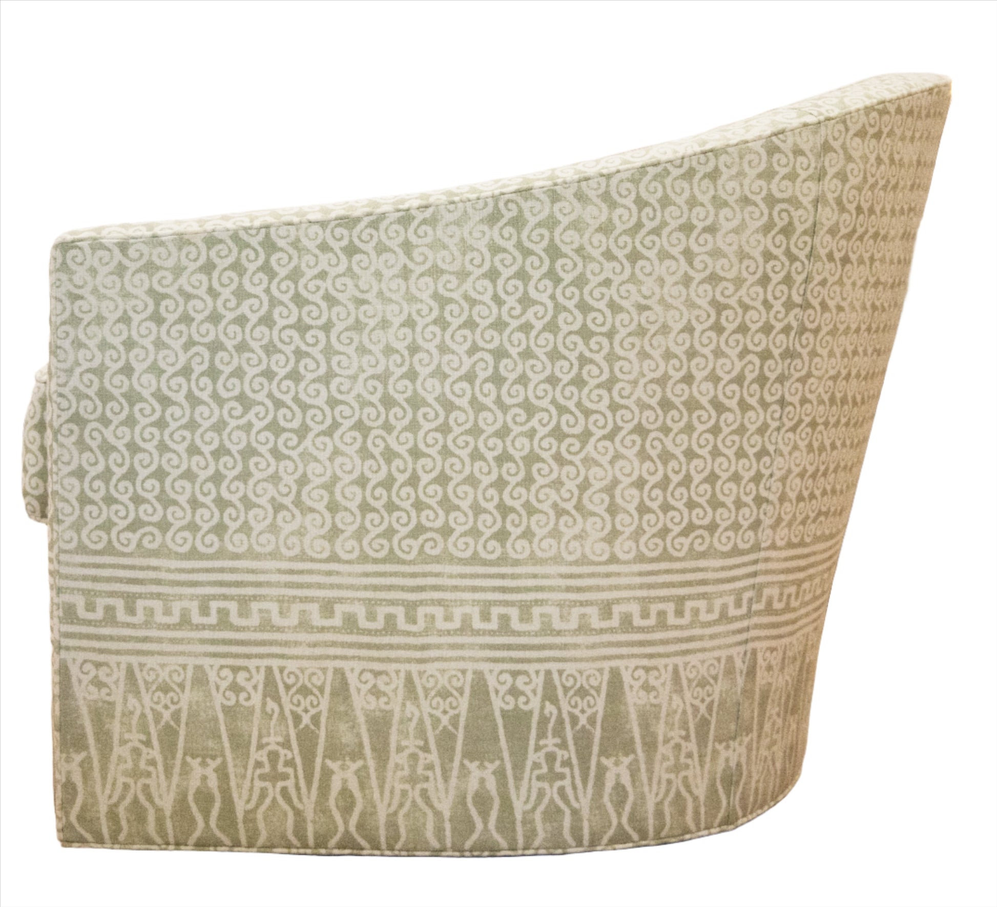 The Dima Swivel Chair by Baker features green and white upholstery with geometric and swirl patterns, a curved backrest, and comfortable seating, shown from the back and side.