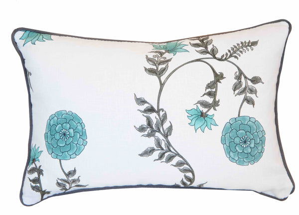 The Poppy Stripe Aqua Lumbar Pillow by Edgar Custom Drapery is a rectangular design featuring blue floral embroidery and green leaves, bordered with dark piping. This custom-made, down-filled pillow combines comfort and elegance for a standout addition to any bedding ensemble.