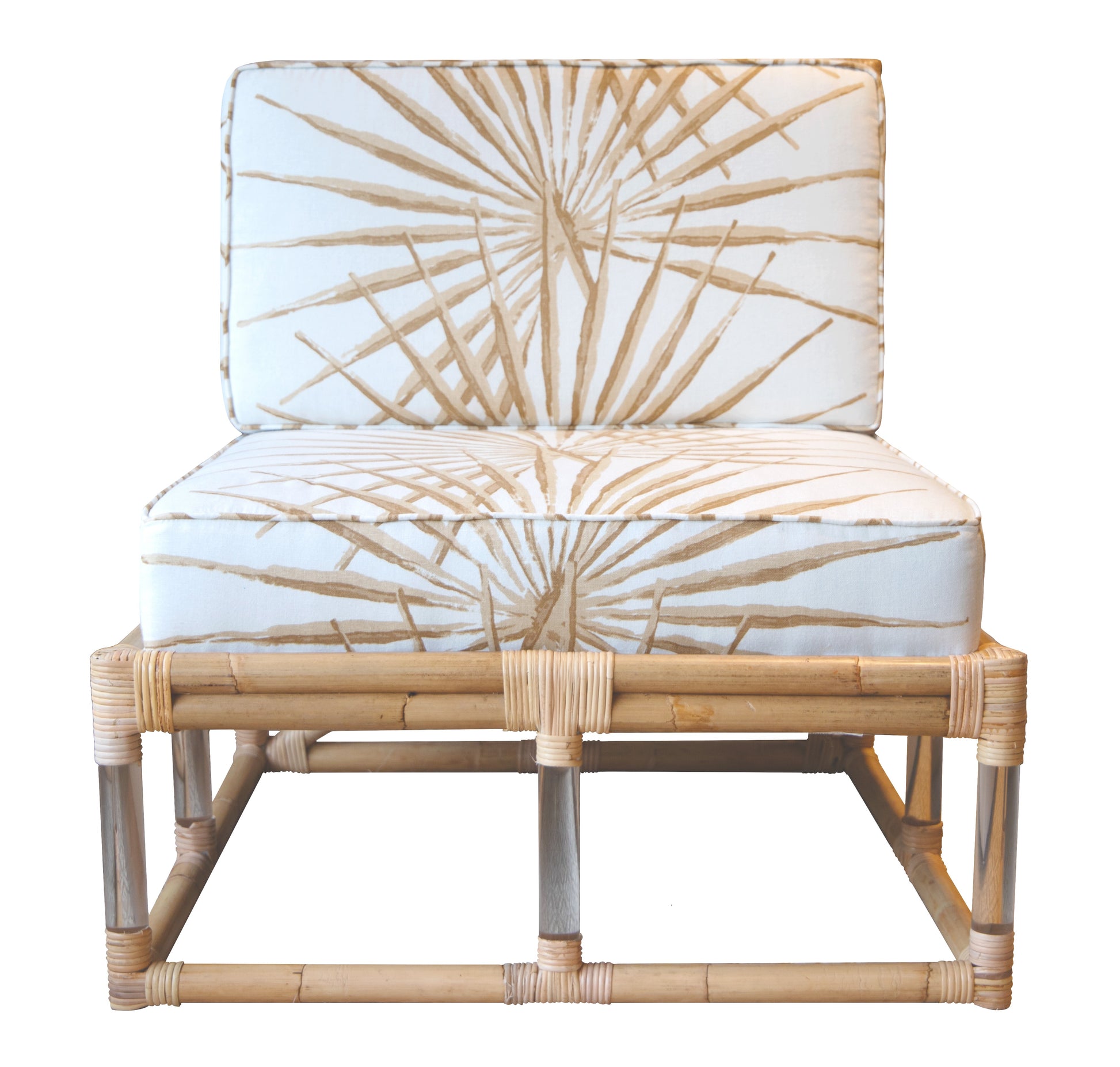 The Sea Cliff Slipper Chair, Palmetto Stripe by Selamat features a cushioned seat and backrest, upholstered in a white fabric with a brown palm leaf pattern.