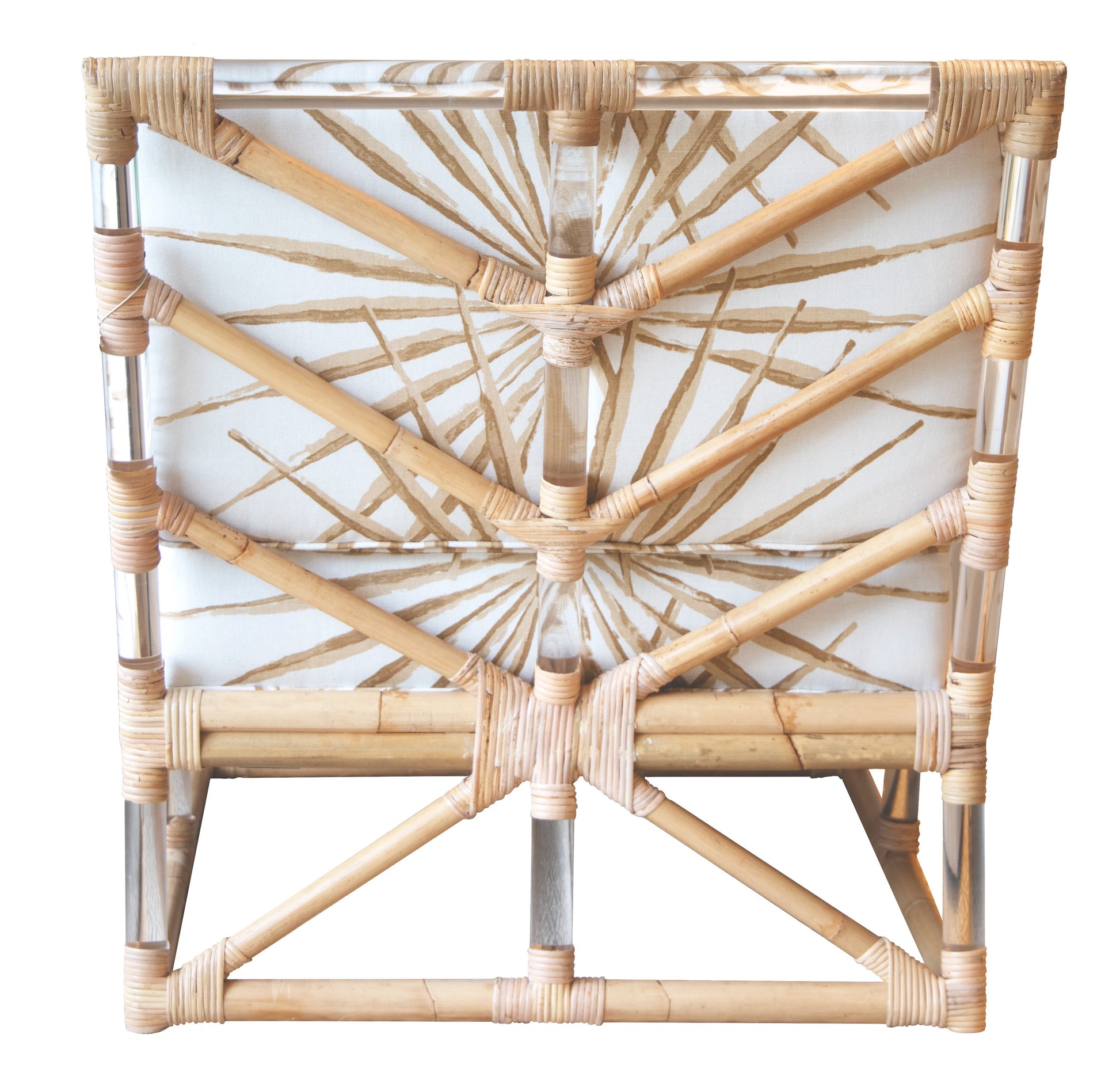 The Sea Cliff Slipper Chair, Palmetto Stripe by Selamat is a wicker slipper chair with a geometric back design, accented with light-colored bamboo and rattan – perfect for evoking the feeling of a Sea Cliff retreat. It includes a white cushion that features an elegant radial pattern adorned with tan lines.