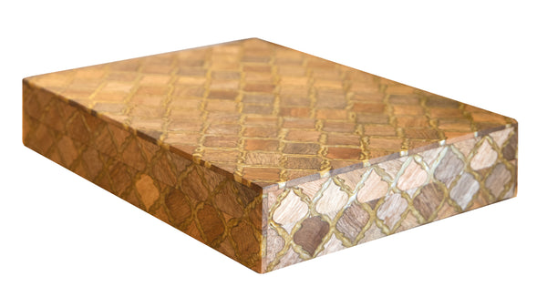 A decorative wooden box from Bojay, named Diamond Box, Medium, featuring a textured surface adorned with a gold-brown diamond pattern and intricate Mother of Pearl inlay.