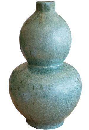 A Green Gourd Vase from the Van Cleve Collection, featuring a double-gourd shape, smooth textured surface, and an elegant diameter.
