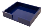 The Black Ink Blue Lacquer Large Notepad Holder is a square, open-top box with a front notch, ideal for holding and dispensing notepads or similar items—great as a desk tray or thoughtful gift.