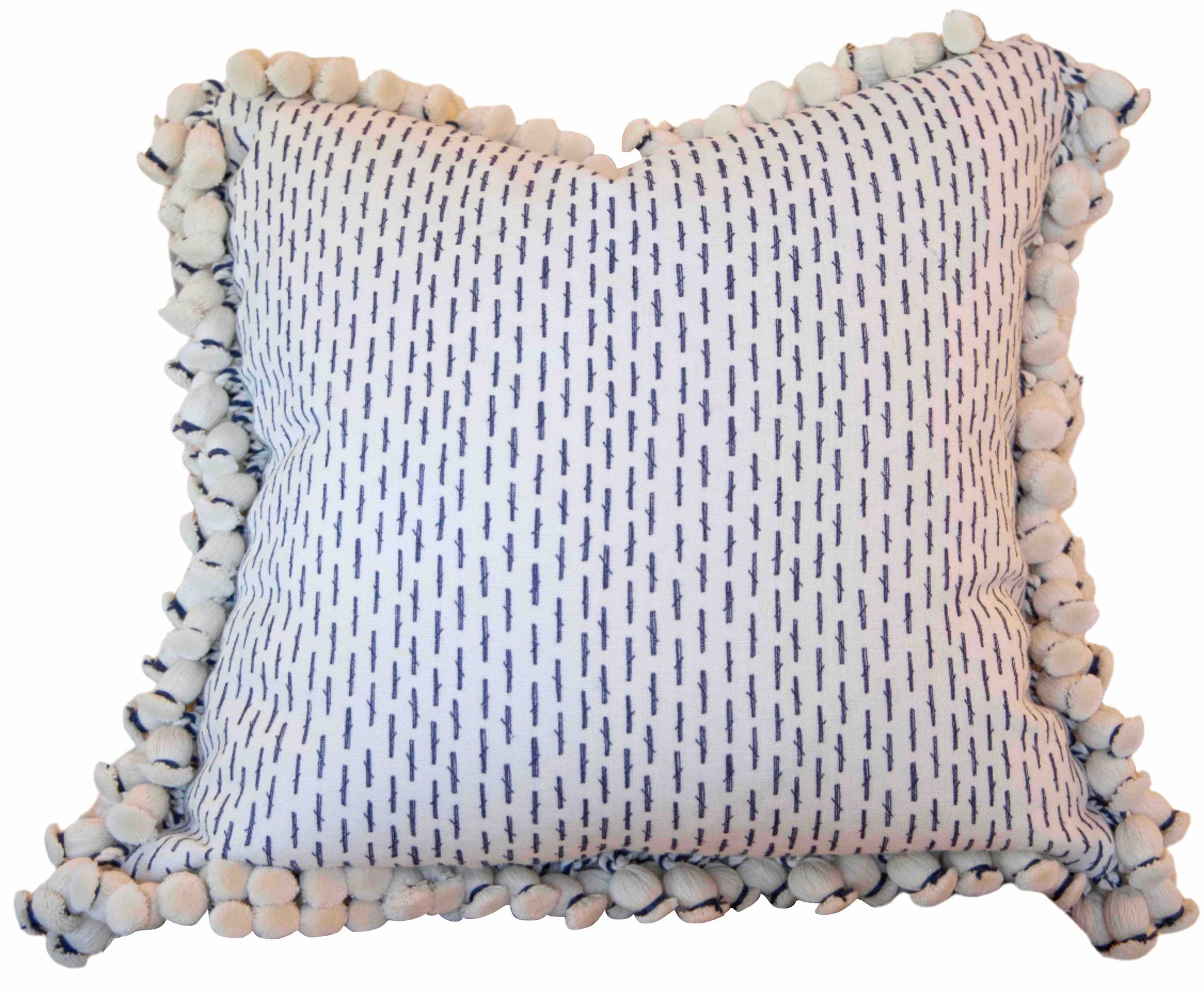 The Little Bamboo Navy Pillow by Hive Custom Pillows is a square handmade decorative pillow featuring a white background, blue dashed pattern, and white pom-pom trim.