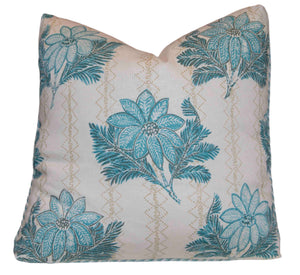 The Lucknow Seafoam Pillow by Hive Custom Pillows is a handmade, down-filled square pillow with a white background, blue floral and green leafy patterns accented with gold zigzag lines—adding sophisticated comfort and style to any space.