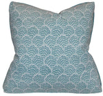 The Jhinuk Teal Pillow by Hive Custom Pillows is a 22" x 22" square pillow handmade in the USA, featuring a light blue and white scallop pattern, shown here against a white background.