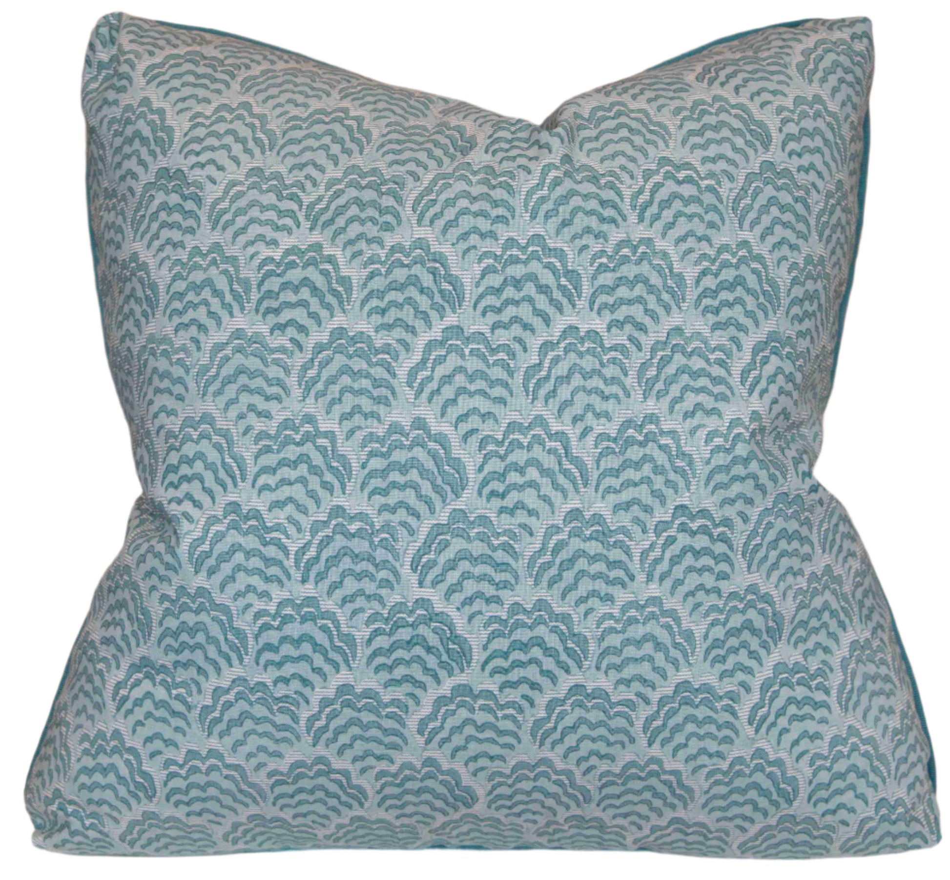 The Jhinuk Teal Pillow by Hive Custom Pillows is a 22" x 22" square pillow handmade in the USA, featuring a light blue and white scallop pattern, shown here against a white background.