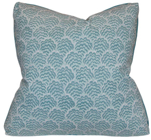 The Jhinuk Teal Pillow by Hive Custom Pillows is a 22" x 22" square pillow handmade in the USA, featuring a light blue and white scallop pattern, shown here against a white background.