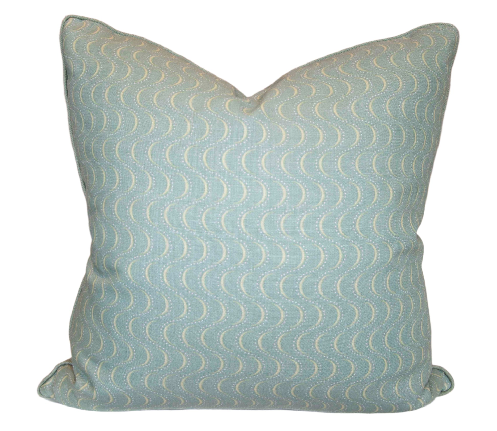 The Ondine Soft Green Pillow by Hive Custom Pillows features a handmade design with a subtle wavy white pattern, displayed against a plain white background.