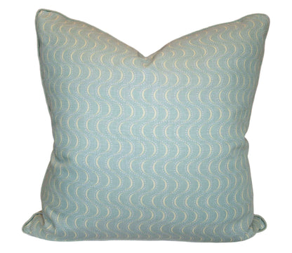 The Ondine Soft Green Pillow by Hive Custom Pillows features a handmade design with a subtle wavy white pattern, displayed against a plain white background.