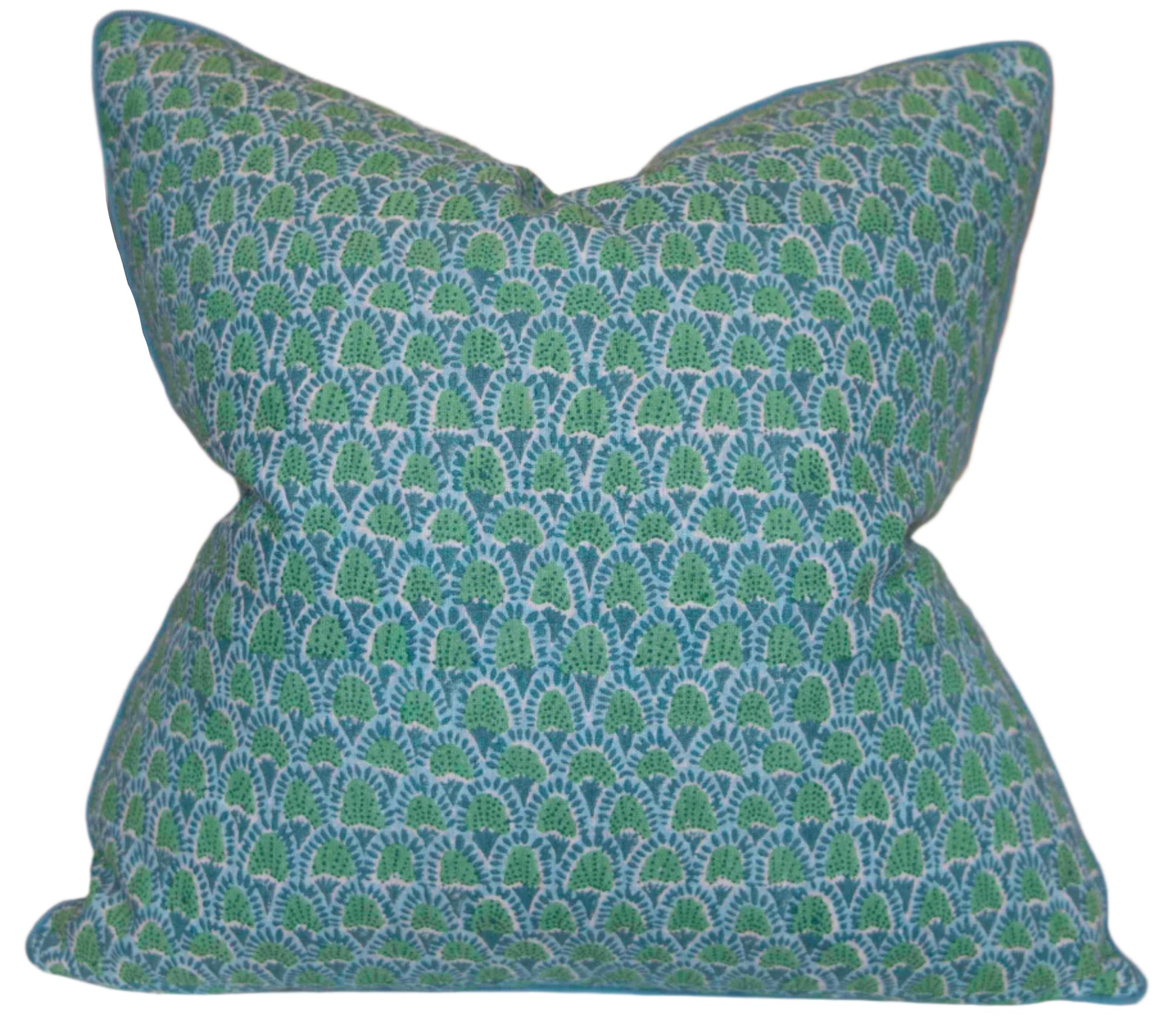 The Scopello Emerald Linen Pillow by Hive Custom Pillows is a handmade, down-filled square pillow with a blue and green stylized leaf pattern, expertly crafted in the USA for extra comfort.