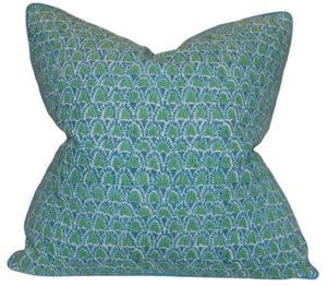 The Scopello Emerald Linen Pillow by Hive Custom Pillows is a handmade, down-filled square pillow with a blue and green stylized leaf pattern, expertly crafted in the USA for extra comfort.