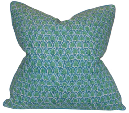 The Scopello Emerald Linen Pillow by Hive Custom Pillows is a handmade, down-filled square pillow with a blue and green stylized leaf pattern, expertly crafted in the USA for extra comfort.