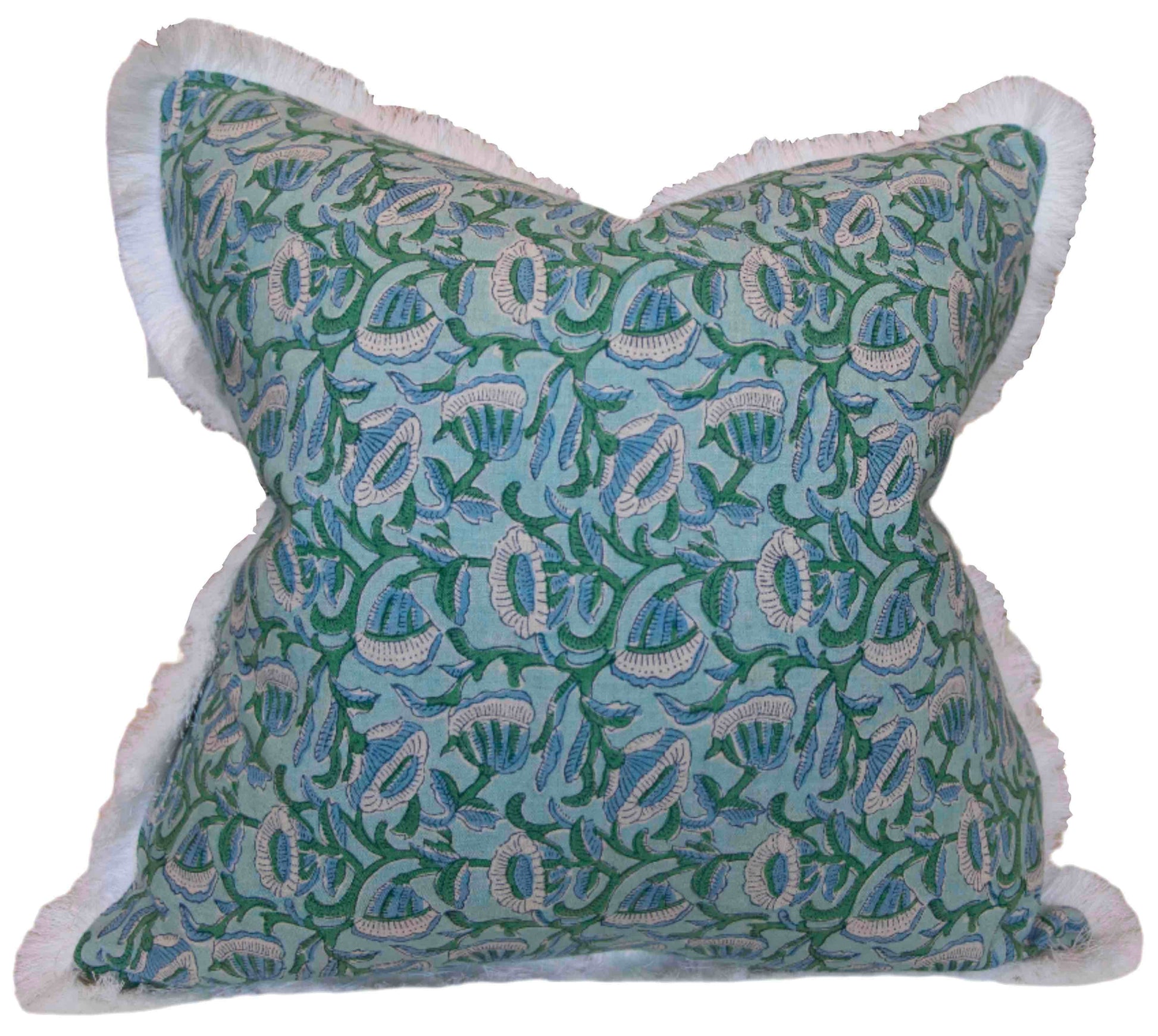 The Marbella Linen Emerald Pillow by Hive Custom Pillows features a blue and green floral pattern with white fringe trim for a charming finishing touch.