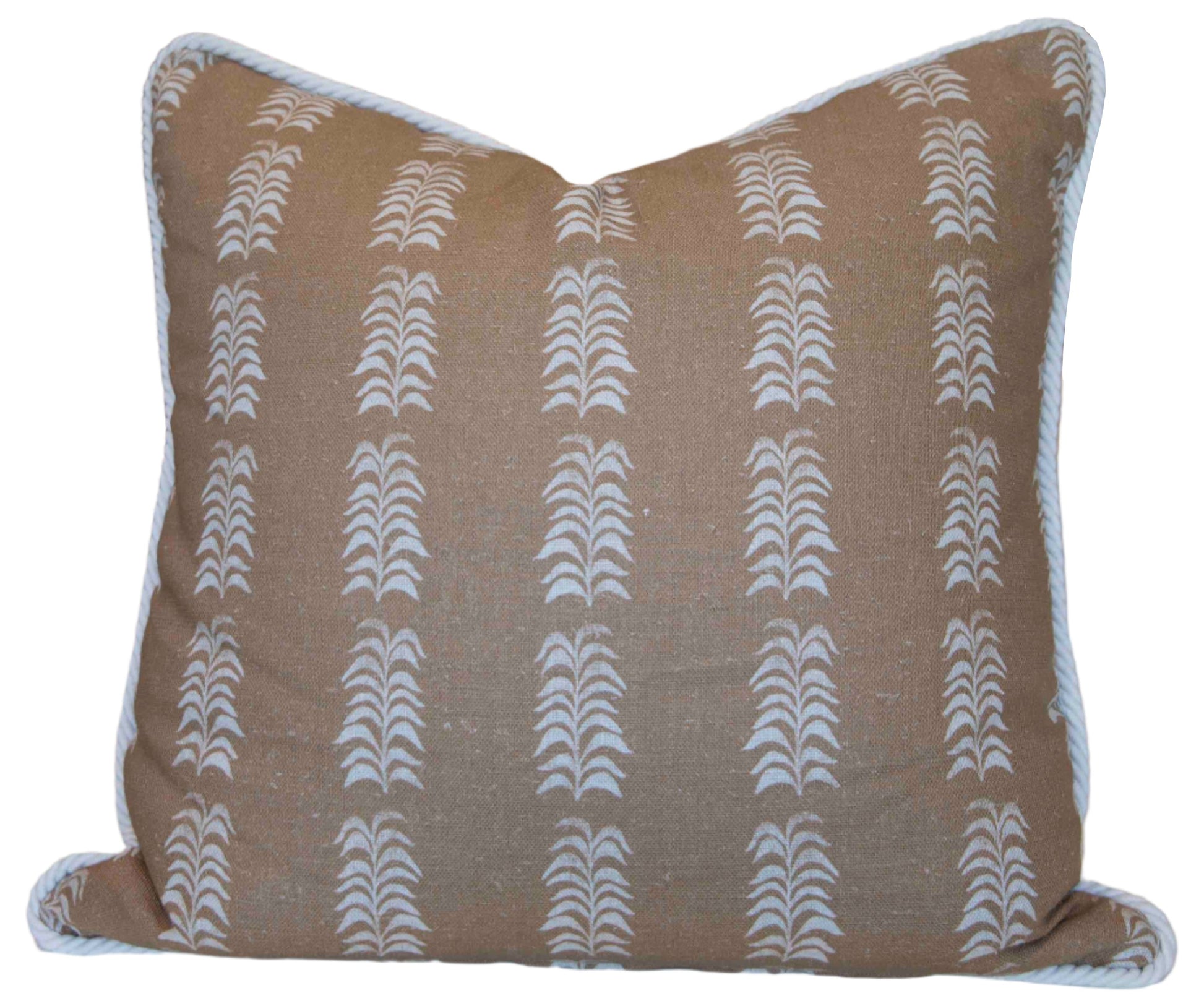 The Petite Frond Camel Pillow by Hive Custom Pillows features a tan background with white vertical leaf patterns and light blue trim. Handmade in the USA, this unique accent adds style to your home décor.