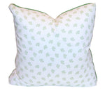 The Dolly Flower Lettuce Green Pillow by Associated Design is a handmade, down-filled square white pillow with a green leaf pattern and green piping, crafted in the USA and shown against a white background.