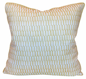 The Tane Golden Pillow by Hive Custom Pillows is a square down-filled cushion featuring a yellow and white geometric cover, handmade in the USA and shown on a plain white background.