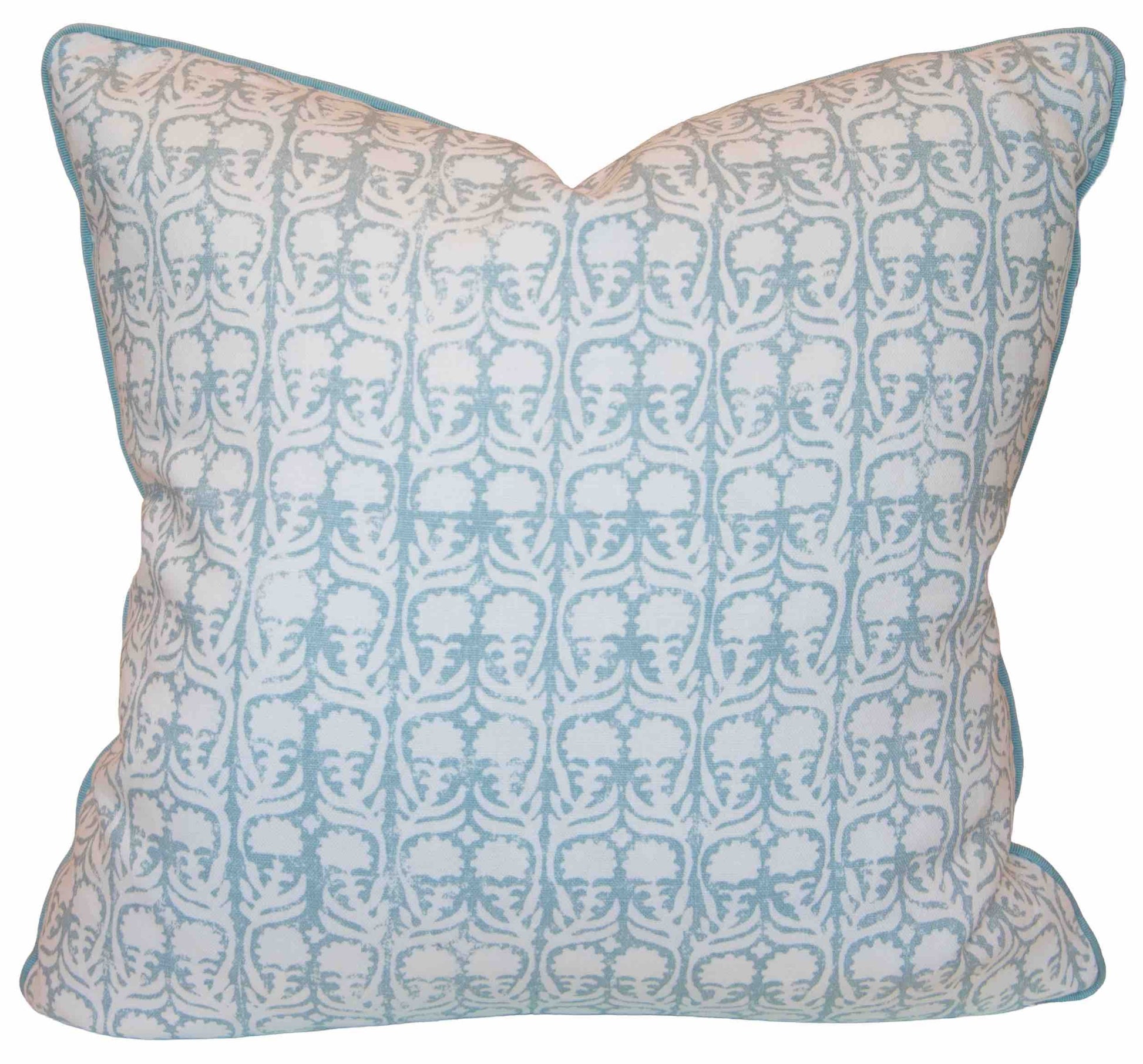 Handcrafted in the USA by Hive Custom Pillows, the Ashok Duck Egg Pillow has a light blue and white geometric cover and is shown against a white background.