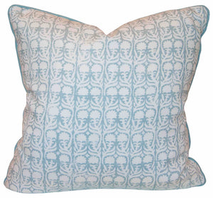 Handcrafted in the USA by Hive Custom Pillows, the Ashok Duck Egg Pillow has a light blue and white geometric cover and is shown against a white background.