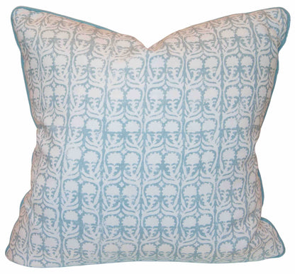 Handcrafted in the USA by Hive Custom Pillows, the Ashok Duck Egg Pillow has a light blue and white geometric cover and is shown against a white background.