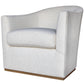The Lee Industries Barrel Swivel Chair features custom white upholstery, a rounded back, wide armrests, and a wooden base for modern style and comfort.