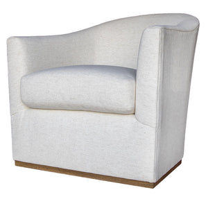 The Lee Industries Barrel Swivel Chair features custom white upholstery, a rounded back, wide armrests, and a wooden base for modern style and comfort.