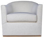 The Lee Industries Barrel Swivel Chair features custom white upholstery, a rounded back, wide arms, and a wooden base, shown from the front.