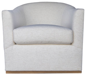 The Lee Industries Barrel Swivel Chair features custom white upholstery, a rounded back, wide arms, and a wooden base, shown from the front.