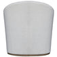 A rear view of the Lee Industries Barrel Swivel Chair, showcasing custom white upholstery, a rounded back, and a wooden base.