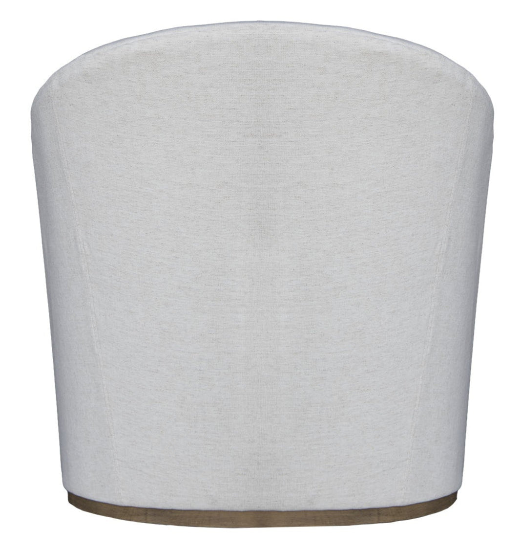 A rear view of the Lee Industries Barrel Swivel Chair, showcasing custom white upholstery, a rounded back, and a wooden base.