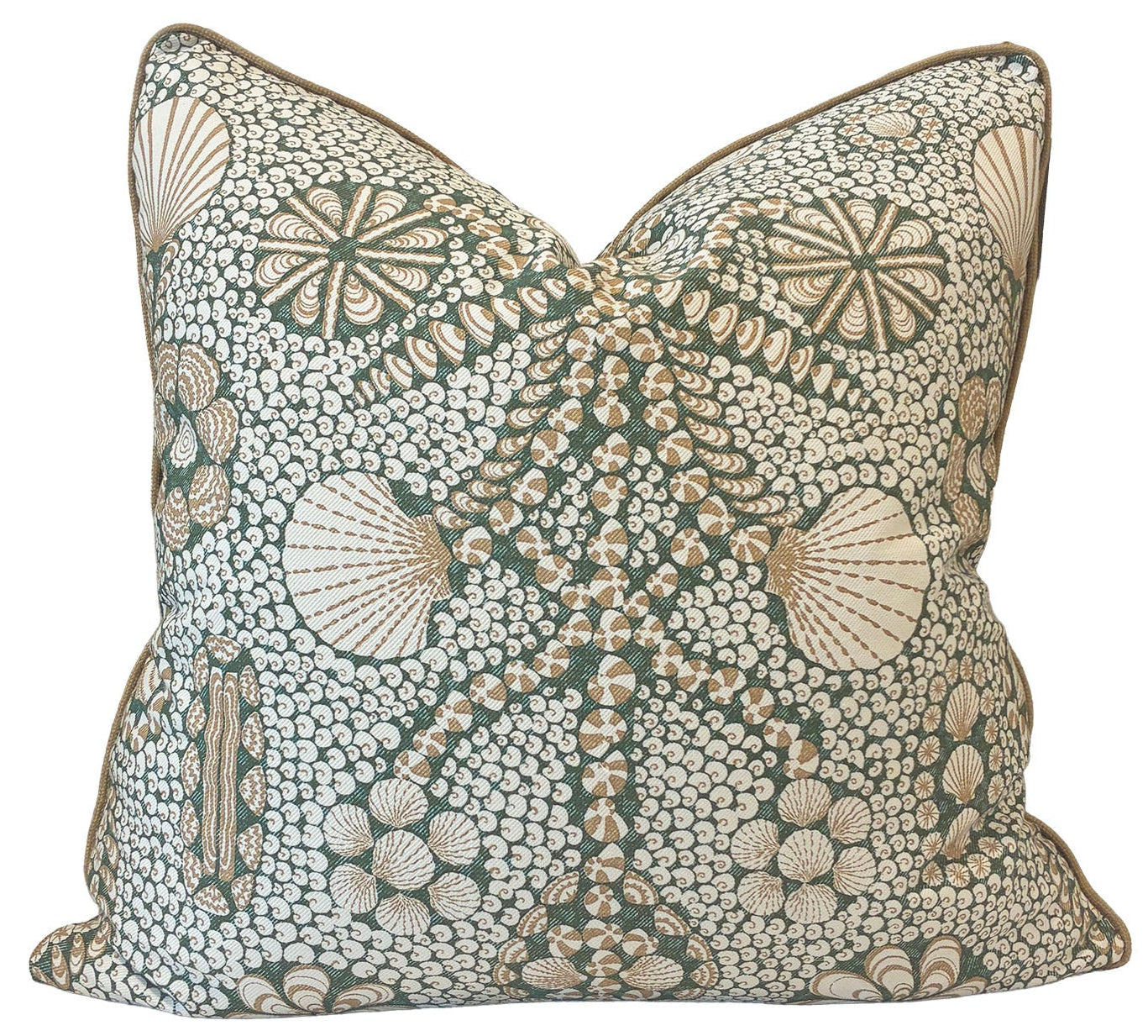The Shell Grotto Green/Tan Pillow by Associated Design features a custom square shape with a green and beige floral and shell pattern on white, crafted from premium materials and displayed against a plain background.