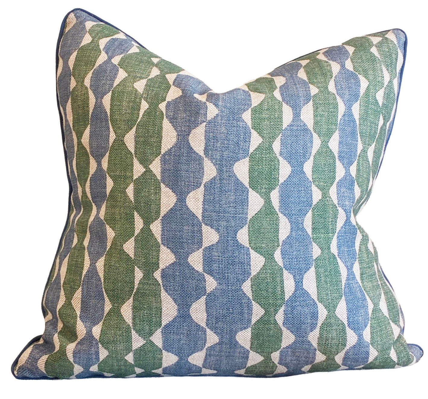The Whittle Blue Green Pillow by Hive Custom Pillows features a custom-made square shape, a blue, green, and white geometric pattern with visible edge seams, crafted from premium materials and set against a white background.