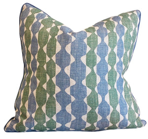 The Whittle Blue Green Pillow by Hive Custom Pillows features a custom-made square shape, a blue, green, and white geometric pattern with visible edge seams, crafted from premium materials and set against a white background.