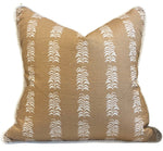 The Petite Frond Pillow by Hive Custom Pillows is a square tan cushion with a white geometric leaf pattern and white corded edges, custom-made from premium materials and shown on a plain white background.