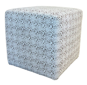 The Lee Industries Cube Ottoman features a white and black geometric patterned fabric, making it the perfect modern accent for any space.