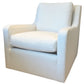 The Josie Swivel Chair by Vanguard features a white upholstered boxy design, thick seat cushion, and padded backrest, blending classic style with modern versatility for comfortable living.