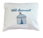 The Haute Home Wet Swimsuit Bag, Blue Beach Cabana, features a white zippered pouch with blue "Wet Swimsuit" embroidery and a striped cabana illustration—ideal for storing damp swimwear after beach or pool outings.