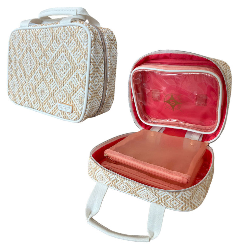 Beige and white patterned zippered carrying case from the Stephanie Johnson Paros Coconut Travel Collection, shown open to reveal a pink Mae Mini Pouch inside a red-lined interior. Includes handles and a clear plastic pouch.
