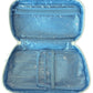 The Walker Valentine Walton Travel Case features cheerful blue and white stripes and multiple clear compartments, ideal for organizing accessories or toiletries.