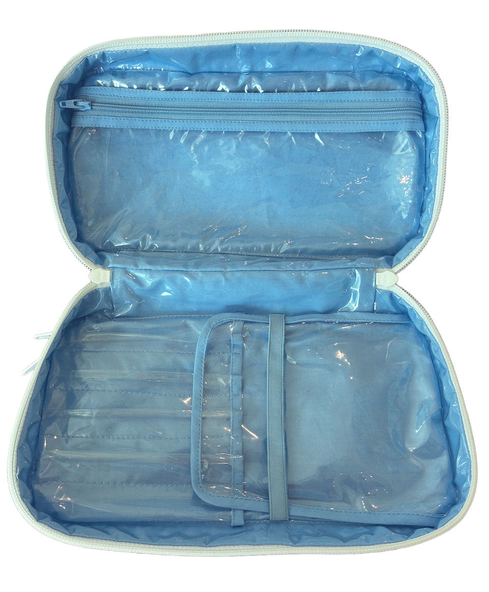 The Walker Valentine Walton Travel Case features cheerful blue and white stripes and multiple clear compartments, ideal for organizing accessories or toiletries.
