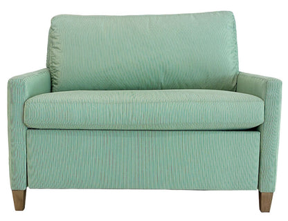 A front view of the Lee Industries Twin XL Sleeper Sofa, a light green upholstered loveseat with wooden legs and a subtle striped pattern, crafted from durable fabric.
