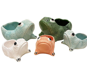 The Ceramic Frog Collection by Jean Roger Paris features five planters in green, blue, white, and orange, displayed together against a white background.