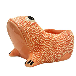 The Jean Roger Paris Ceramic Frog Collection features a whimsical ceramic planter shaped like a lumpy pink frog with black and white accents—perfect for fans of playful frog-themed decor.