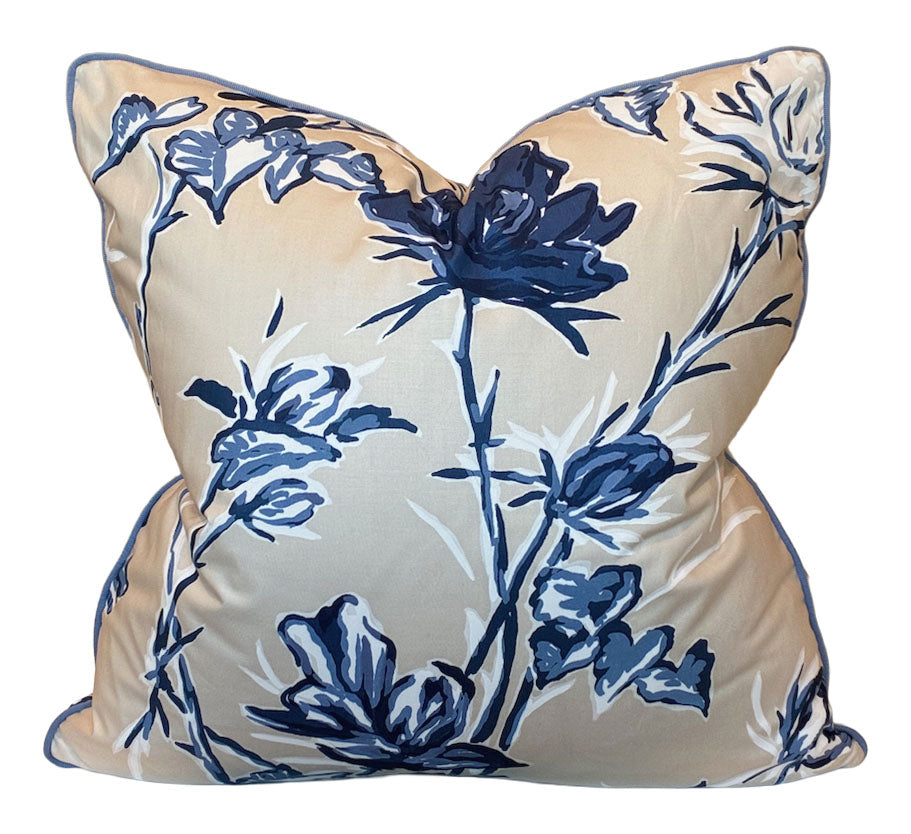 The Roses Blue and Cream Pillow by Hive Custom Pillows features a beige background with an elegant blue floral print, crafted from the finest materials.