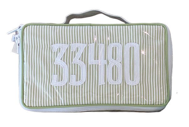 The Walker Valentine Handled Brush and Makeup Case features green and white stripes, a handle, and “33480” embroidered in white—ideal for travel and organizing your essentials.