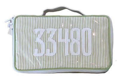The Walker Valentine Handled Brush and Makeup Case features green and white stripes, a handle, and “33480” embroidered in white—ideal for travel and organizing your essentials.